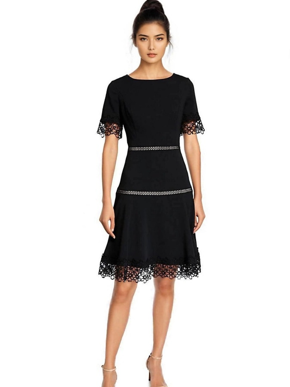 NEW Shani Black Crepe Dress with Lace Insets, Size 10